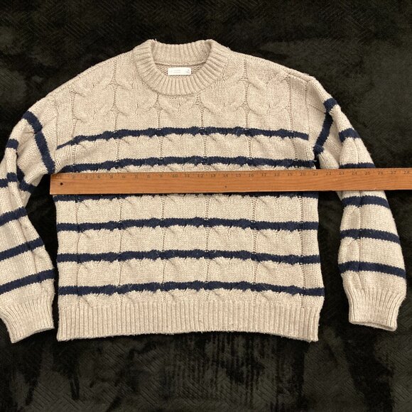 LC Lauren Conrad Cable Knit Womens Crewneck Sweater Size M Oatmeal Diana Stripe - Picture 12 of 15